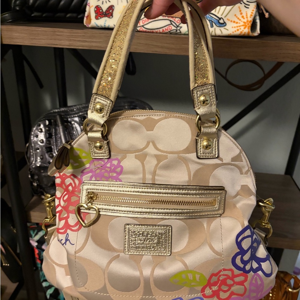 Coach poppy Signature Satchel with Gold Trim and Multicolor Floral Accents